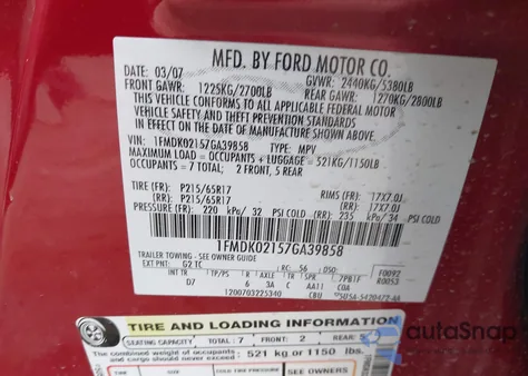 2007 Ford Freestyle Sel from USA, damaged, VIN 1FMDK02157GA39858